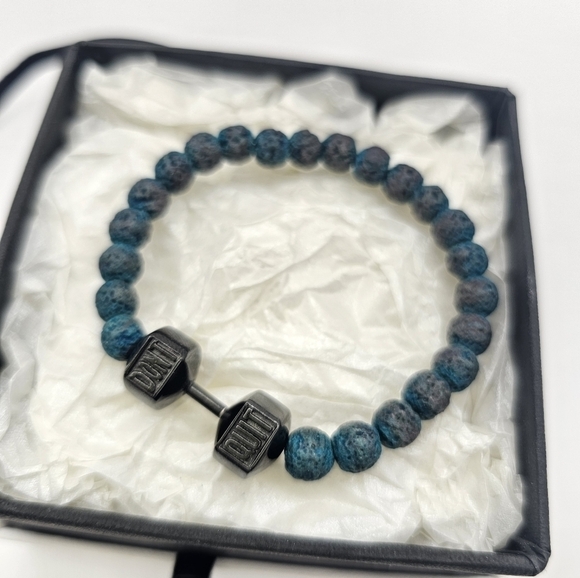 Handmade bracelet /w semiprecious stone & stainless steel "DON'T QUIT" Dumbbell - Picture 2 of 8